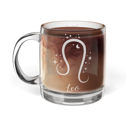 LEO Zodiac Engraved Glass Coffee Mug - Perfect for Astrology Lovers, Birthdays, Gifts, Home Decor, and Special Occasions