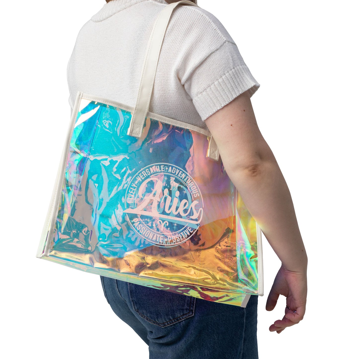 Aries Zodiac Holographic Beach Tote Bag Birthday Astrology Gifts